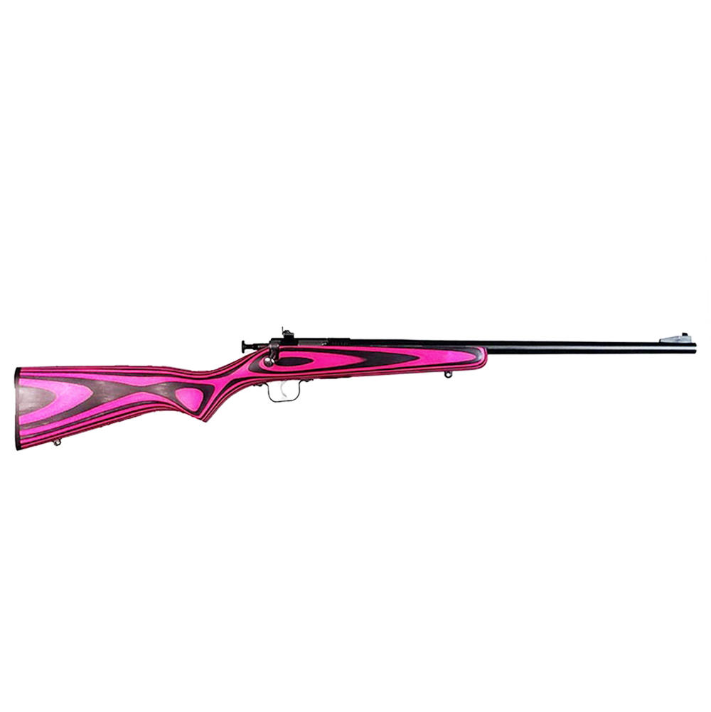 Keystone Sporting Arms Crickett .22 LR single-shot youth bolt-action rifle with blued barrel and pink laminate stock