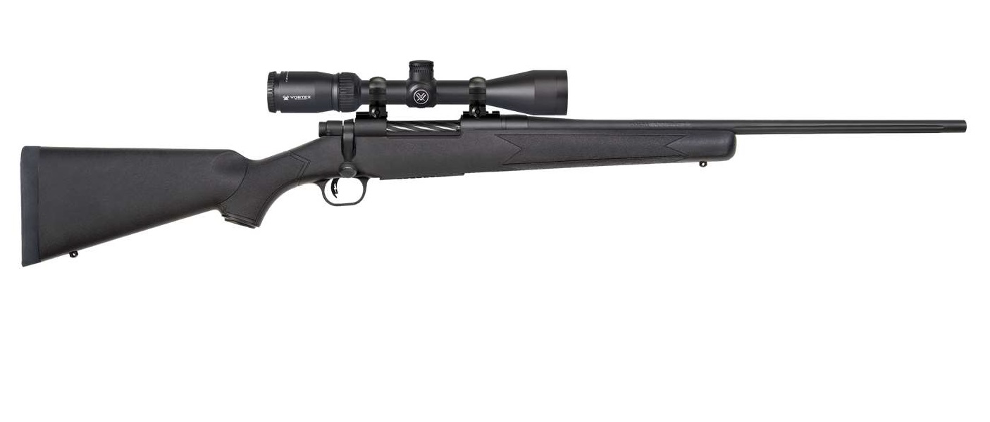 Mossberg Patriot .25-06 Remington bolt-action rifle with matte blued barrel, black synthetic stock, and Vortex scope package
