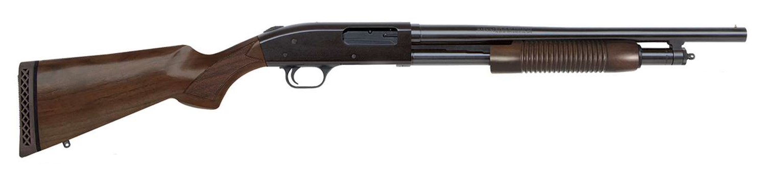 Mossberg 500 Retro 12 gauge pump-action shotgun with 18.5-inch blued barrel and wood stock, right-side profile view