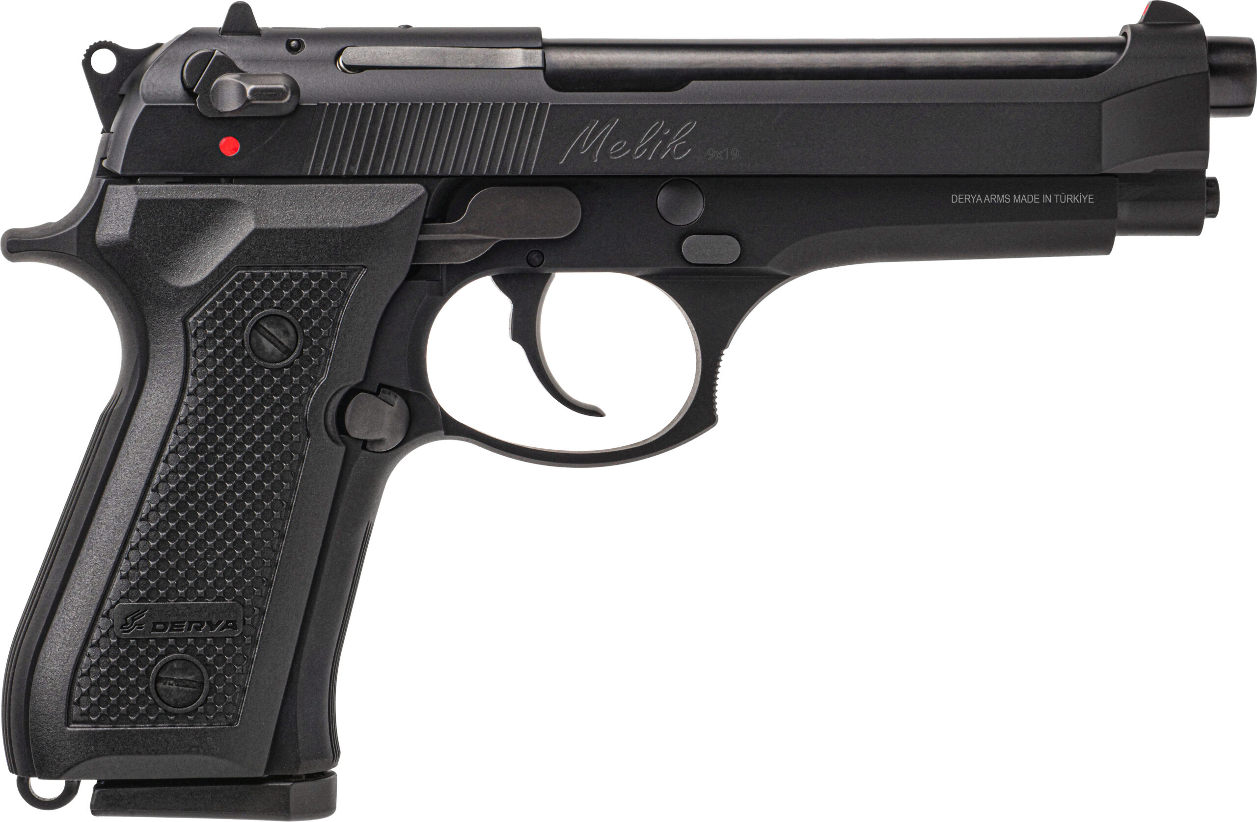Derya Arms Melik MK9 9mm semi-auto pistol in black with 4.9-inch barrel and serrated slide
