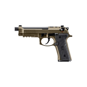 Beretta M9A4 9mm semi-automatic pistol in bronze finish with 5.1-inch threaded barrel and optic-ready serrated slide