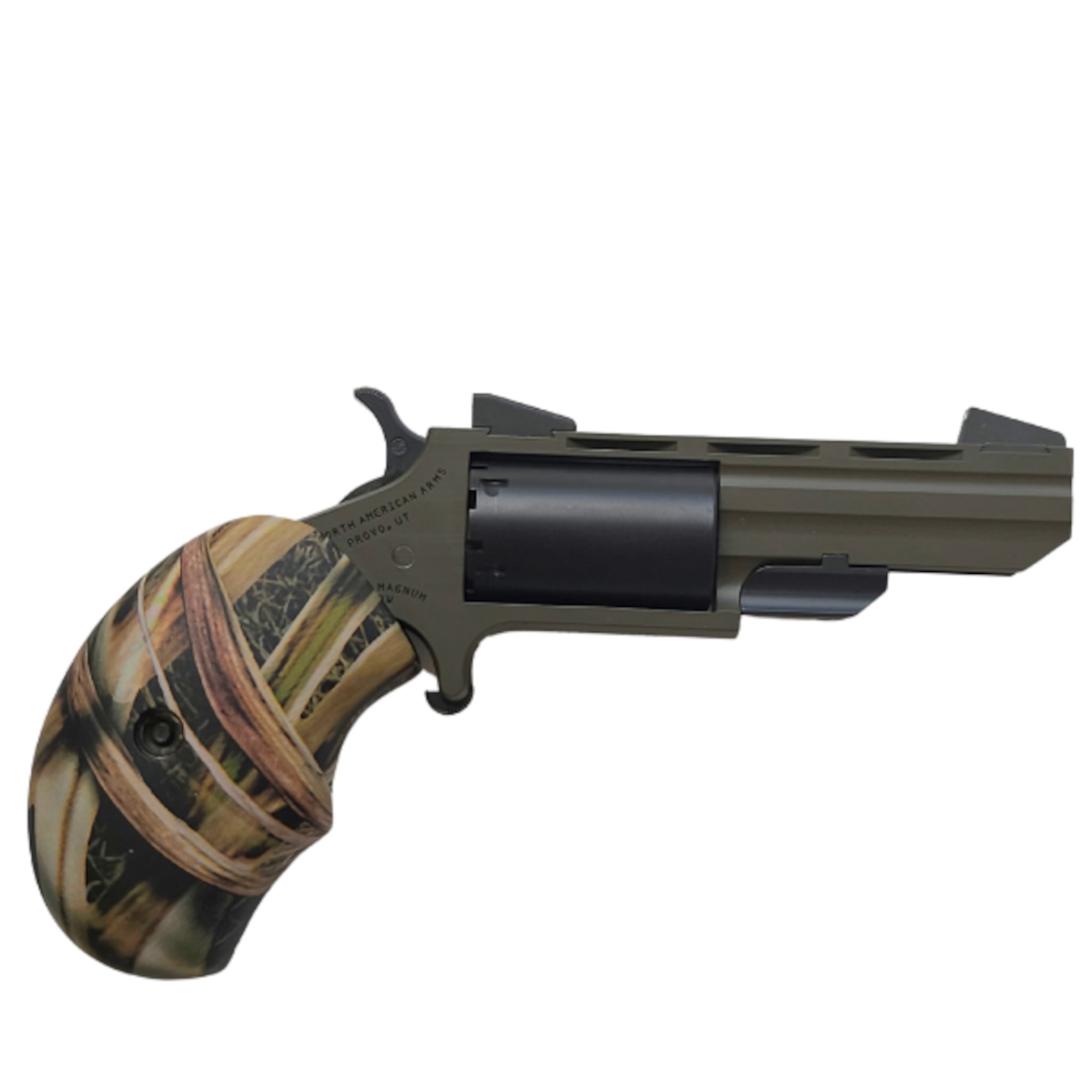 North American Arms Green Huntsman .22 Magnum 2-inch single-action mini revolver with matte black barrel and fixed sights