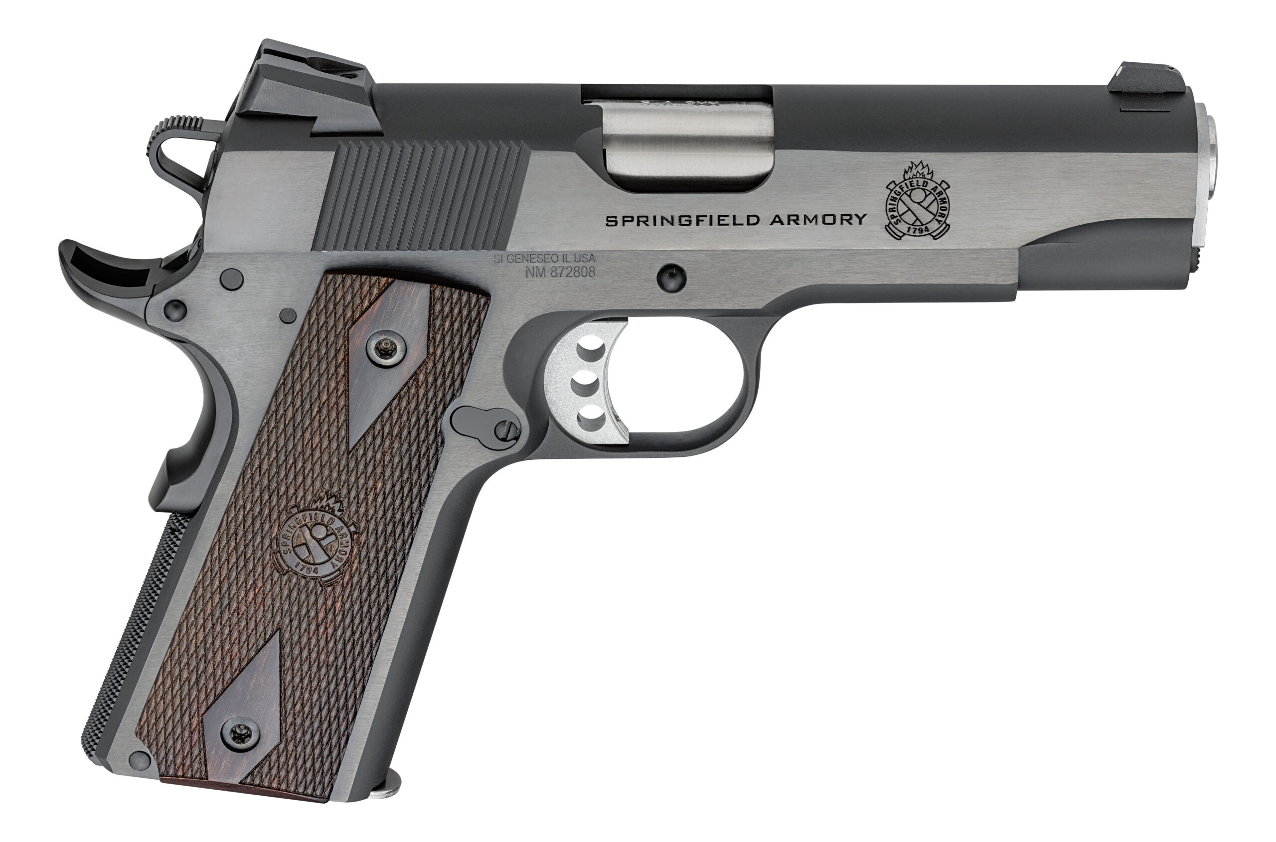 Springfield Armory 1911 Garrison 9mm semi-auto pistol with 4.25-inch stainless barrel and blued slide, right side profile