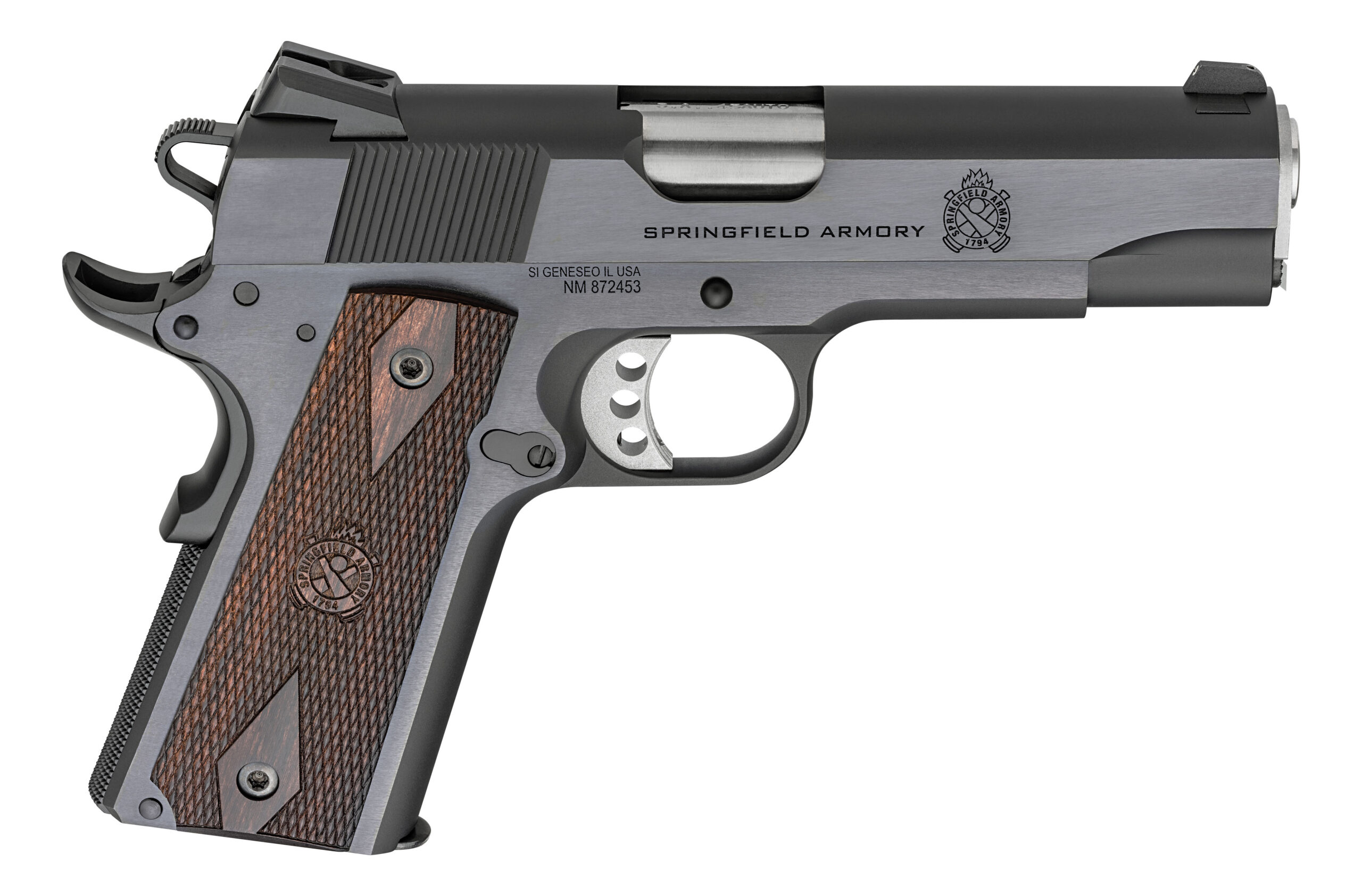 Springfield Armory 1911 Garrison .45 ACP semi-automatic pistol with 4.25-inch barrel and blued finish, right side view