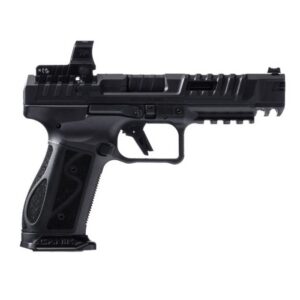 Canik SFx Rival-S 9mm semi-auto pistol with 5-inch black barrel, optic-ready serrated slide, and fiber optic front sight