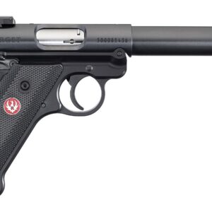 Ruger Mark IV Target .22 LR semi-auto pistol with 5.5-inch blued bull barrel and adjustable rear sight, right-side profile view