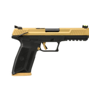 Ruger-57 semi-automatic pistol in 5.7x28mm with gold and black finish, model 16416, shown with 20-round steel magazine