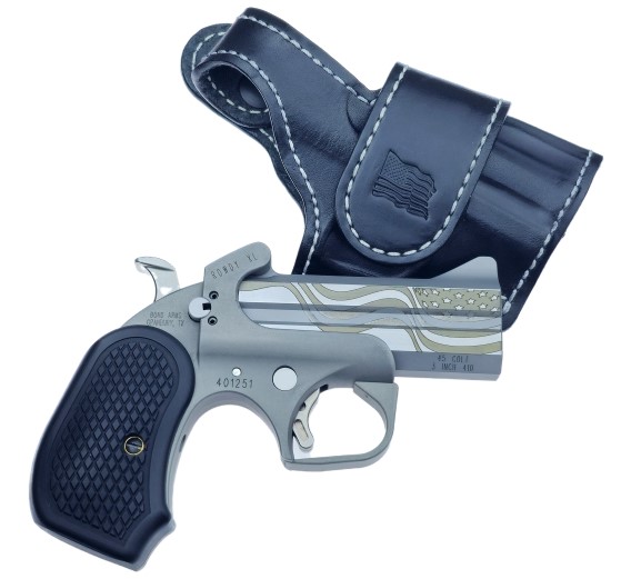Bond Arms Rowdy XL Flag Edition stainless steel derringer in .45 Colt and .410 bore with 3.5-inch barrel and patriotic flag grips
