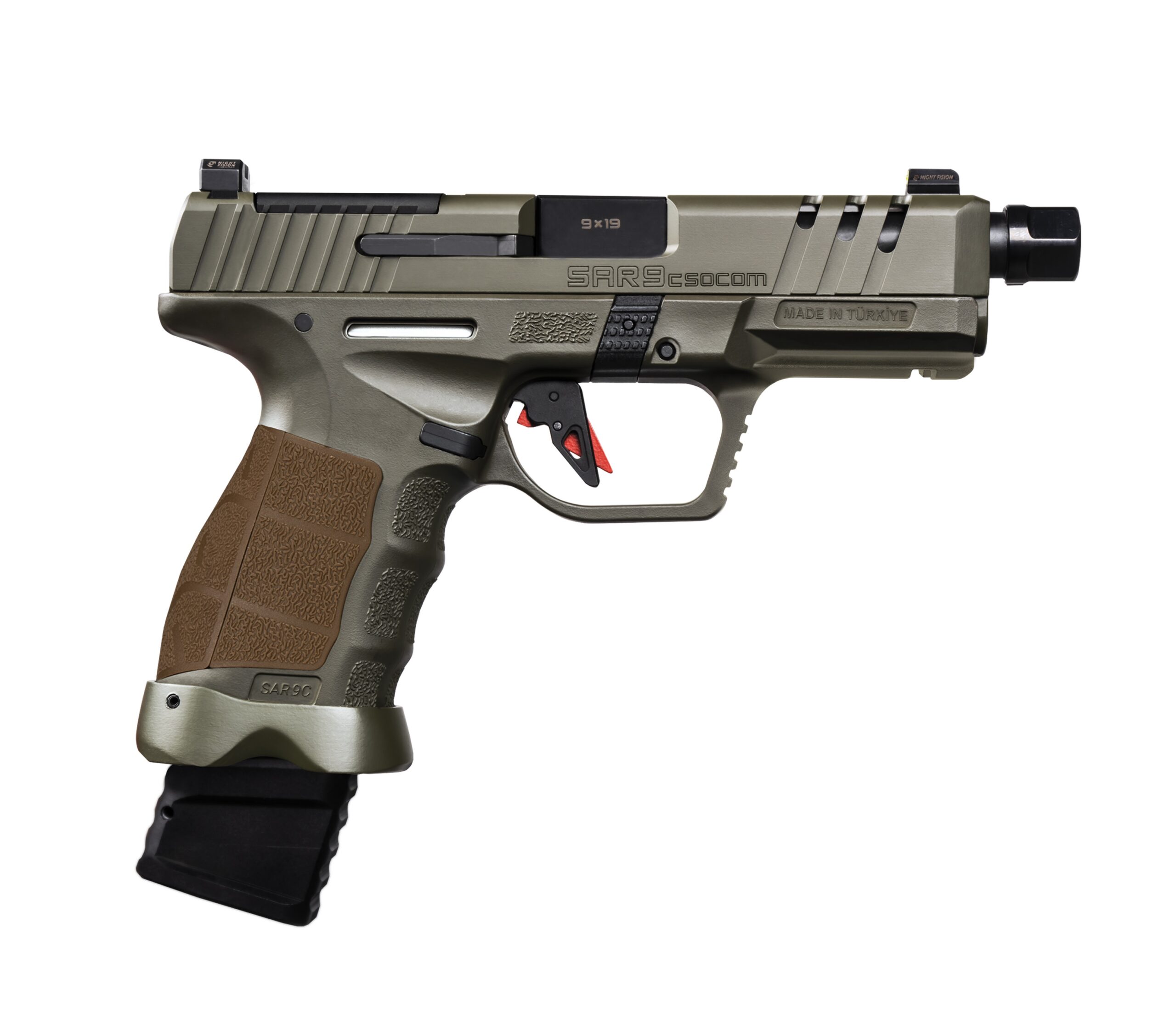 SAR Arms SAR9 SOCOM CPT 9mm semi-automatic pistol in OD Green with threaded barrel and optic-ready slide