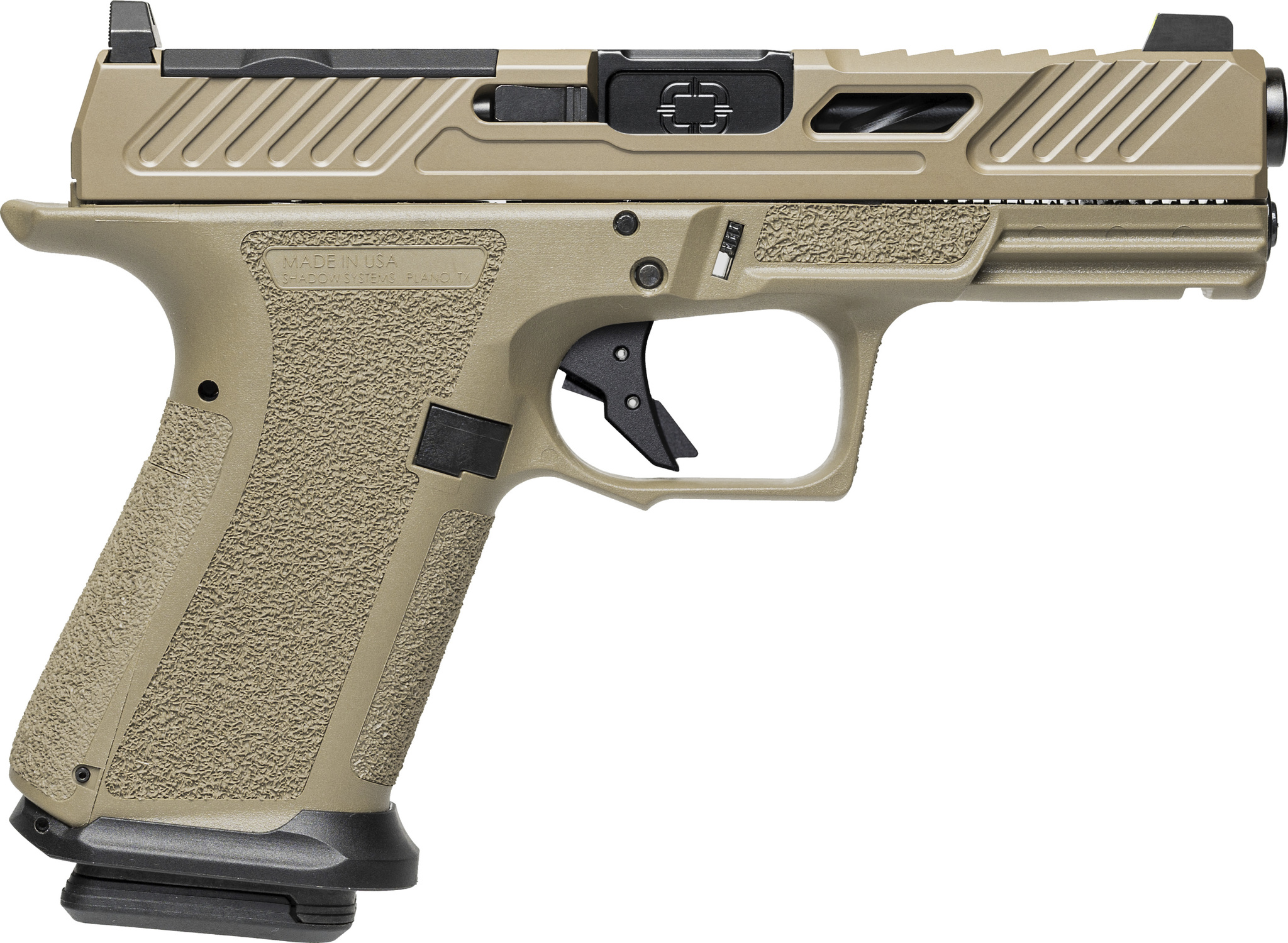 Shadow Systems MR920 Elite 9mm pistol in Flat Dark Earth and Black with optic-cut serrated slide and front night sight