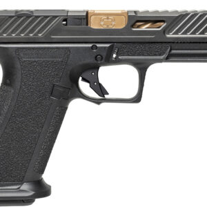 Shadow Systems DR920 Elite 9mm pistol in black and bronze with optic-cut serrated slide and green tritium front sight