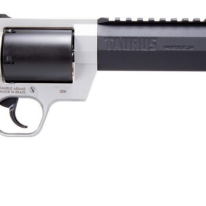 Taurus Raging Hunter .500 S&W Magnum revolver with 8.38-inch barrel in two-tone blued and silver finish, left side view