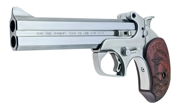 Bond Arms Texan derringer in .45 Long Colt/.410 with 6-inch stainless barrel and wood grip panels