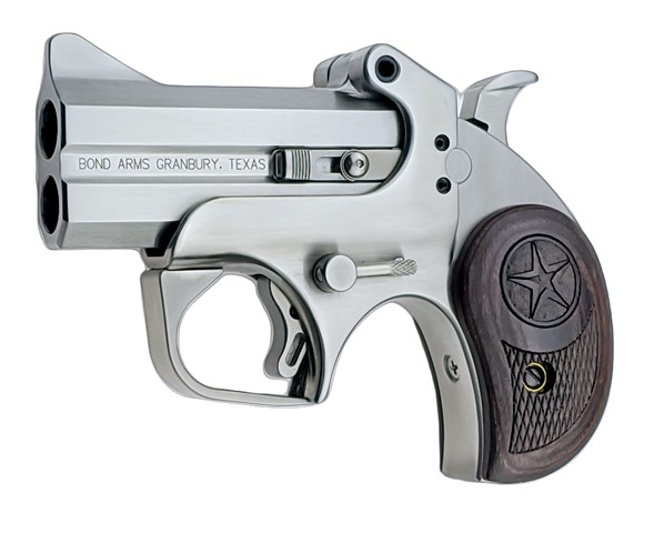 Bond Arms Texas Defender stainless steel derringer chambered in .45 Long Colt and .410 with 3-inch barrel