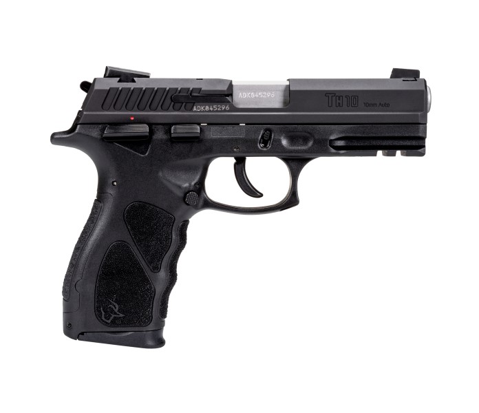 Taurus TH10 10mm semi-auto pistol with black frame, 4.25-inch matte stainless barrel, and adjustable sights