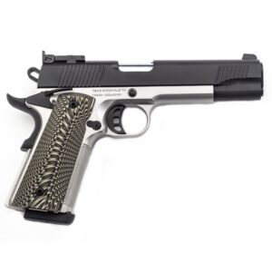 Tisas 1911 D10 10mm semi-automatic pistol with stainless and black two-tone finish and fiber optic front sight