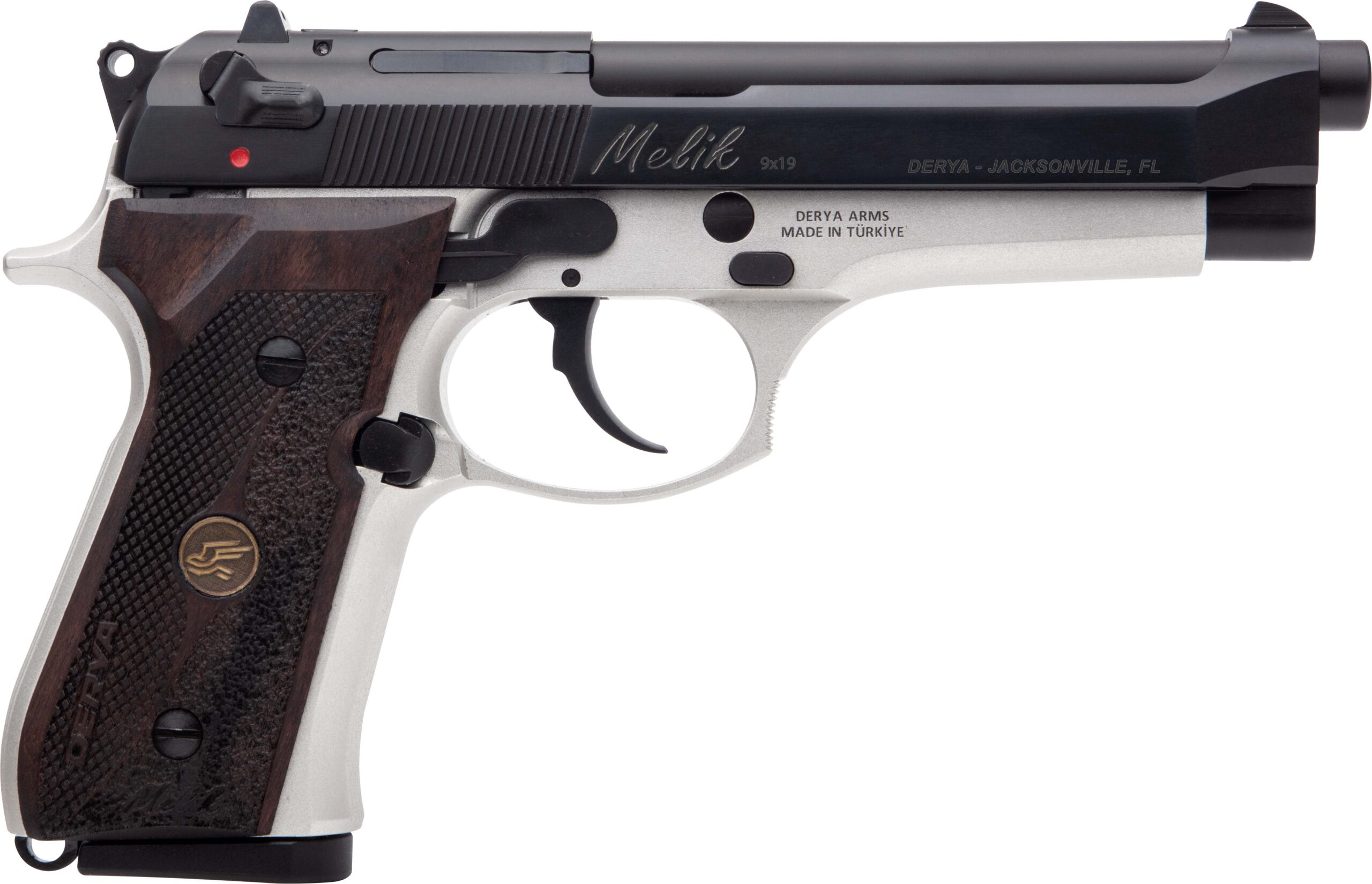 Derya Arms MK9 9mm semi-automatic DA/SA pistol with 4.9-inch barrel and serrated slide, left-side view
