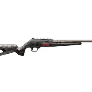 Winchester Wildcat semi-automatic .22 LR rifle with 18-inch blued barrel, gray stock, adjustable leaf rear sight, and integrated optics rail