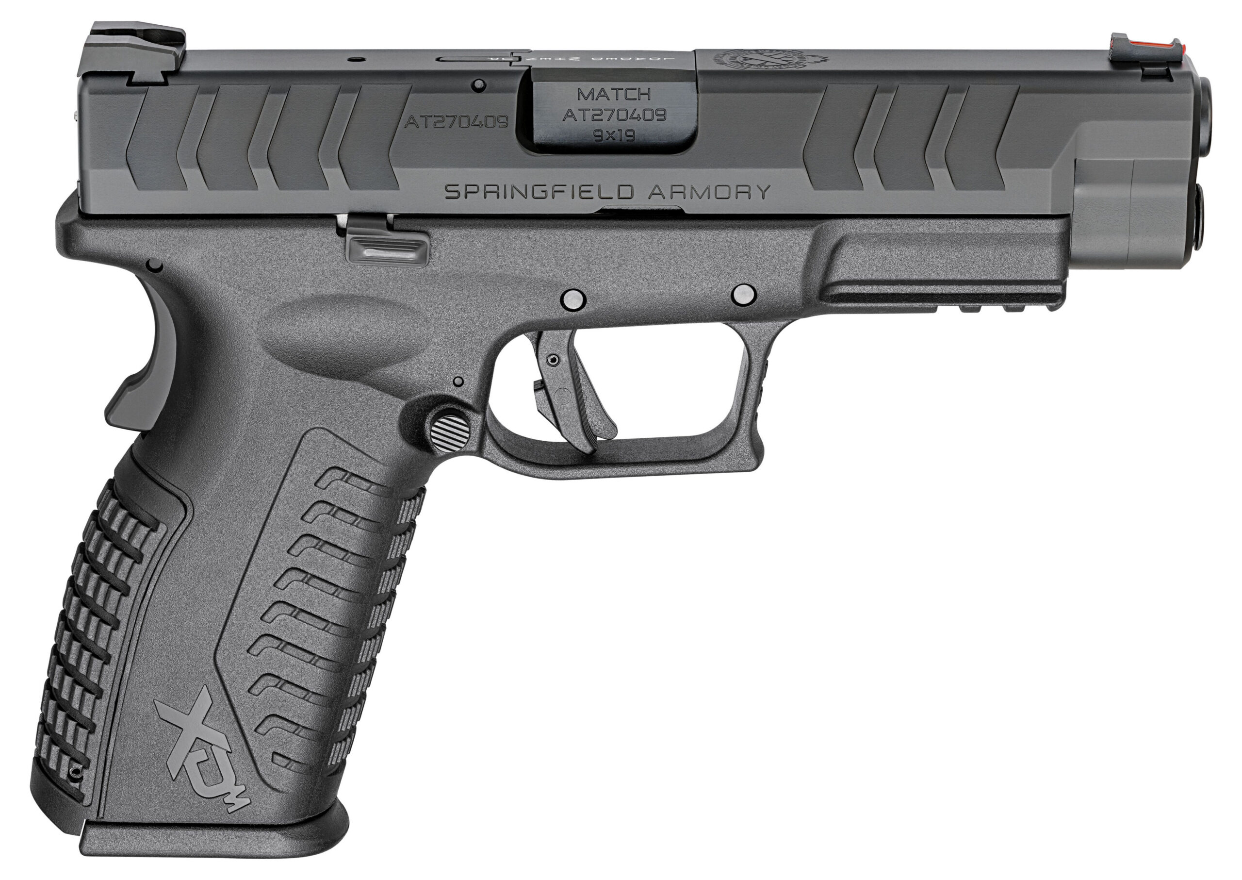 Springfield Armory XD-M Elite 9mm semi-auto pistol with 4.5-inch barrel, optic-ready black slide, and fiber optic front sight, California compliant