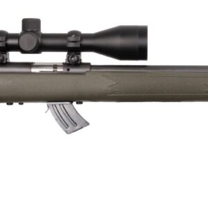 Savage Mark II-FXP .22 LR bolt-action rifle in Olive Drab Green with 3-9x40 scope mounted, right-side view