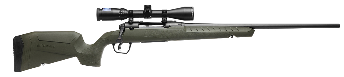 Savage AXIS II XP bolt-action rifle in .223 Rem with green scope package and black synthetic stock