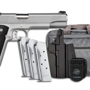 Kimber Stainless LW 1911 pistol in .45 ACP with 5-inch barrel and tritium night sights, silver stainless finish