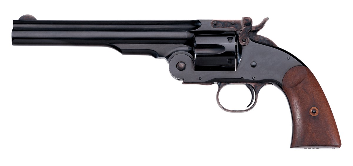 Taylor's and Company Schofield single-action revolver in .38 Special with 7-inch blued barrel and walnut-style grip