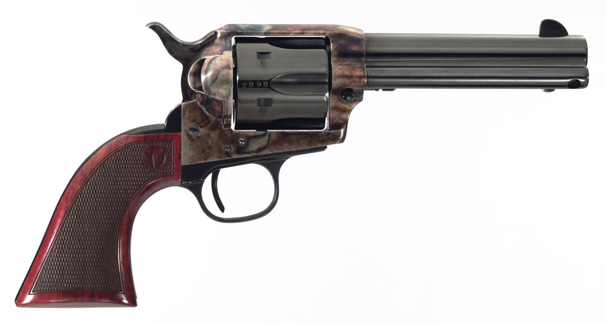 Taylor's and Company Smoke Wagon .45 Long Colt single-action revolver with 4.75 inch blued barrel and wood grips