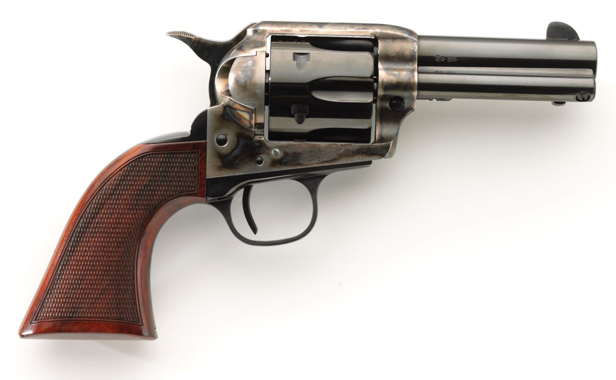 Taylor's and Company Runnin' Iron single action revolver in .45 Long Colt with 3.5-inch polished blued barrel and wood grips