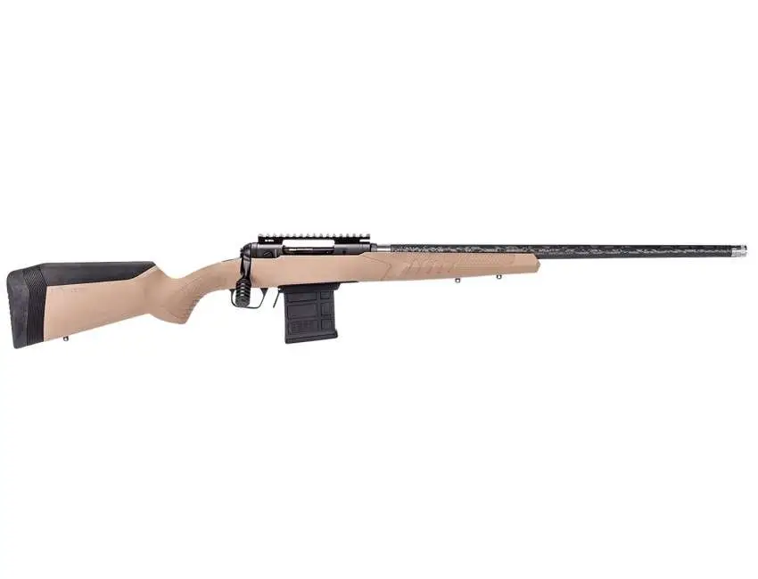Savage 110 Carbon Tactical bolt-action rifle in gray chambered in 6.5 Creedmoor with carbon fiber barrel and Picatinny rail