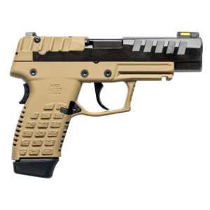 Kel-Tec P15 9mm striker-fired pistol in black and tan finish with Hi-Viz sights, California compliant, right side view