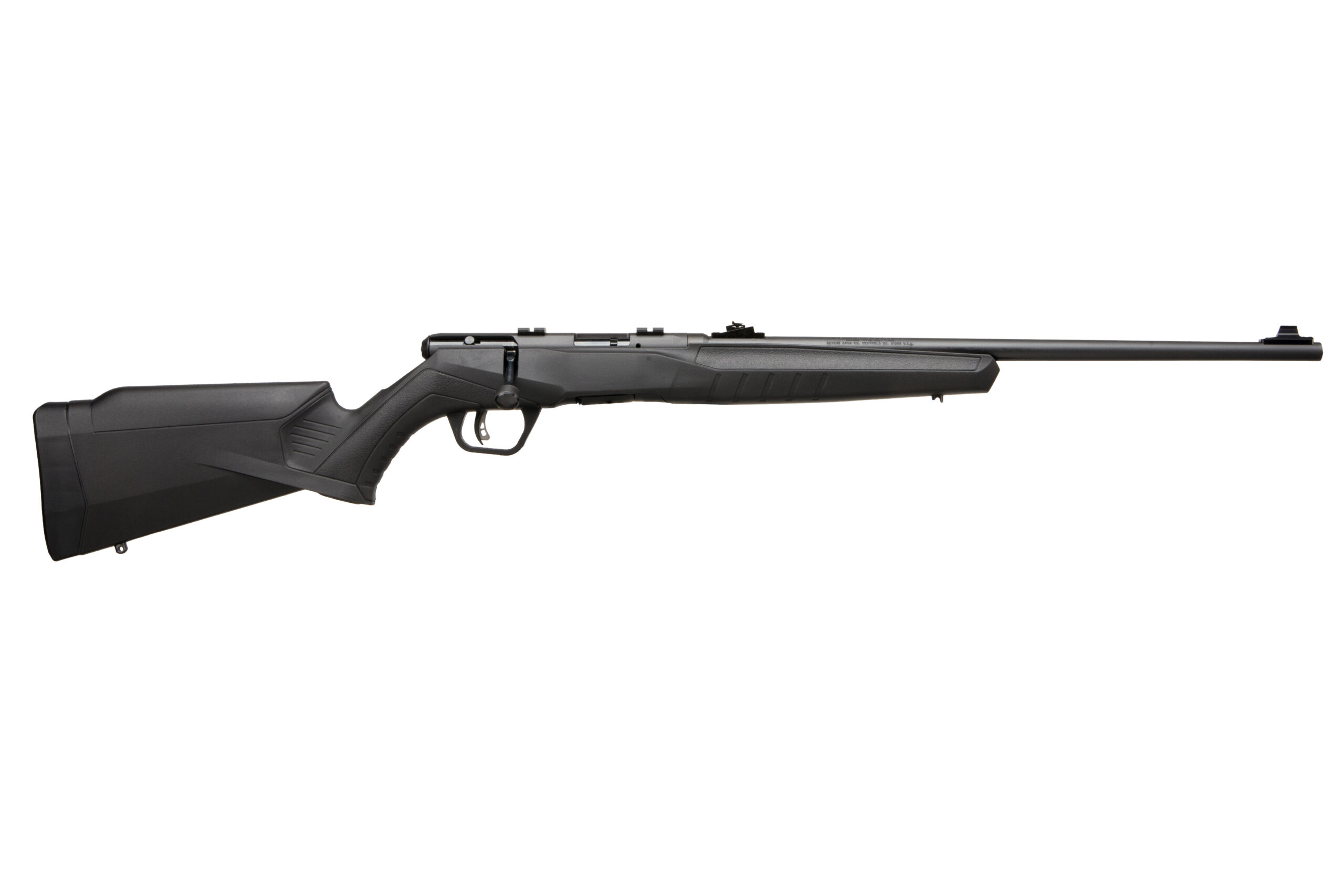Savage B22F bolt action rifle in .22 LR with 21-inch barrel and black synthetic stock, right-side view