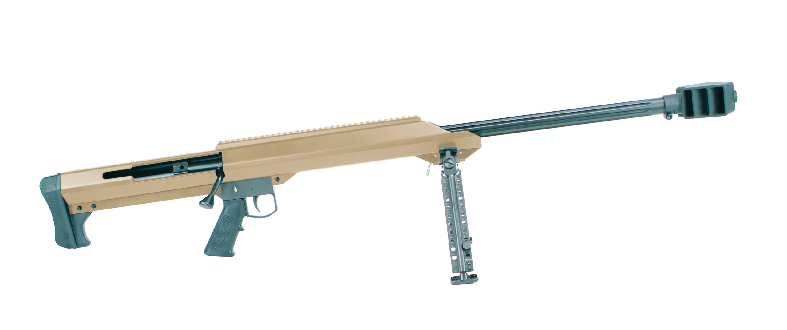 Barrett Firearms M99 .50 BMG bolt-action rifle in Flat Dark Earth finish with 32-inch barrel and bipod