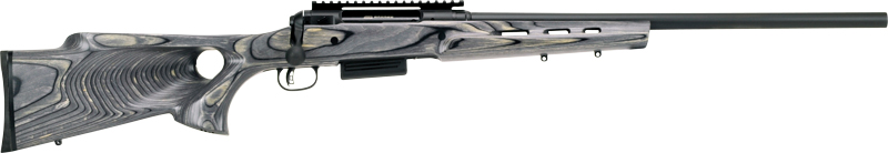 Savage 220 bolt-action 20 gauge slug gun with 22-inch matte black barrel, integrated optic rail, and grey laminate thumbhole stock