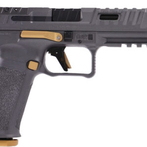 Canik RIVAL SFx 9mm striker-fired pistol in grey with optic-cut slide and fiber optic sights, right side view