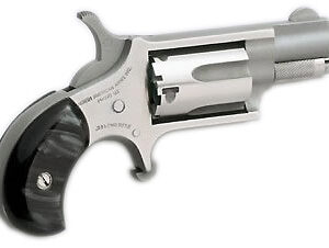 North American Arms Mini Revolver .22 LR with 1-1/8 inch barrel, stainless steel finish, and black pearl grips