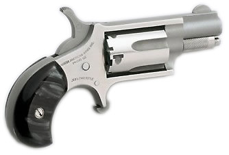 North American Arms Mini Revolver .22 LR with 1-1/8 inch barrel, stainless steel finish, and black pearl grips