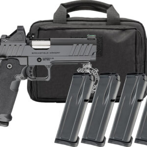 Springfield Armory 1911 Prodigy Compensated 9mm pistol with optic-ready serrated slide and black finish, shown with four 15-round magazines
