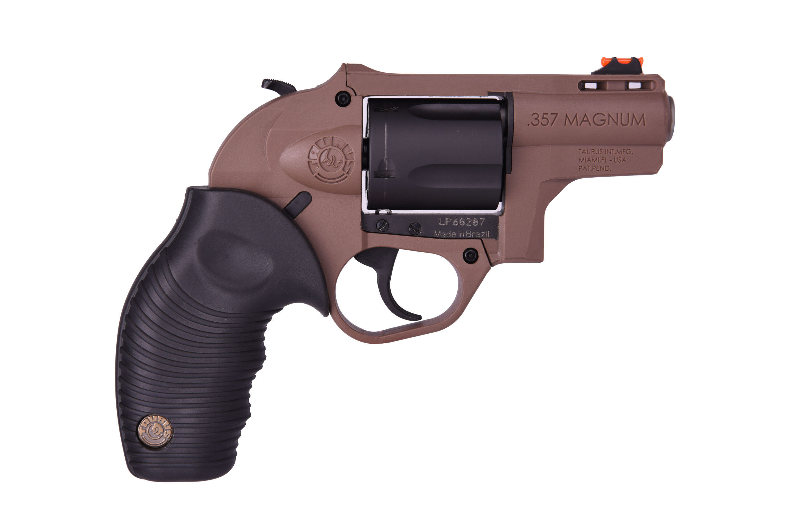 Taurus 605 Poly .357 Magnum revolver with 2-inch barrel, black and brown polymer frame, right-side profile view