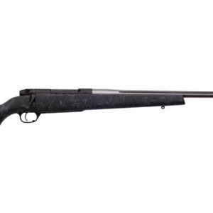 Weatherby Mark V Accumark bolt-action rifle in 340 Weatherby Magnum with 26-inch fluted stainless barrel and gray spiderweb composite stock