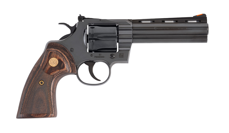 Colt Python .357 Magnum revolver with 5-inch blued barrel and adjustable rear sights, right side profile