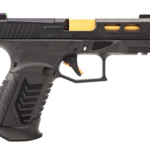Derya Arms DY9 9mm semi-automatic pistol in black and gold with optics-ready serrated slide and fiber optic sights
