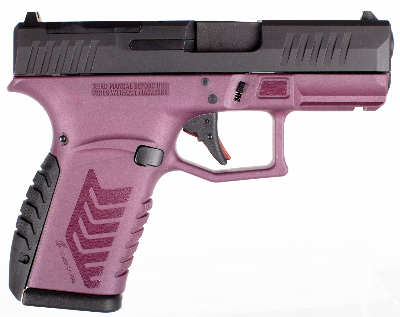 Derya Arms DY9Z 9mm semi-auto pistol in Black Cherry and Black finish with optic-ready serrated slide and fiber optic sights