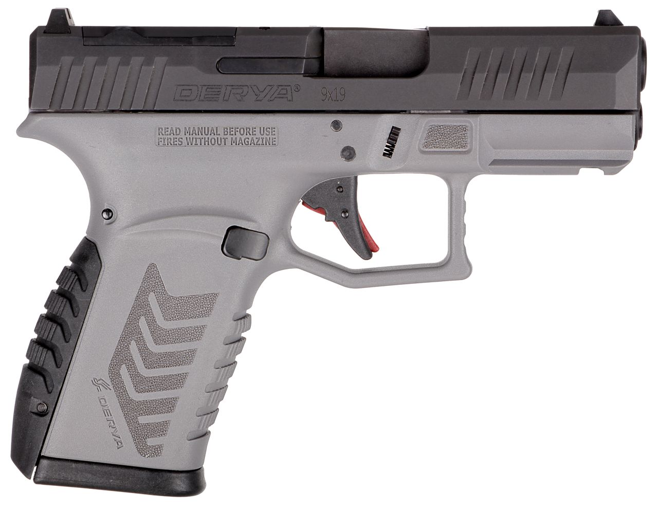 Derya Arms DY9Z 9mm semi-automatic pistol in gray and black with optic-ready serrated slide and fiber optic sights