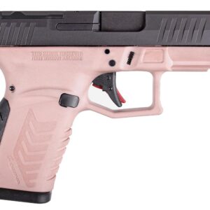 Derya Arms DY9Z 9mm semi-automatic pistol in pink and black with optic-ready serrated slide and fiber optic sights