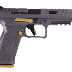 Canik SFx Rival 9mm striker-fired pistol in gray with 5-inch ported barrel and fiber optic sights