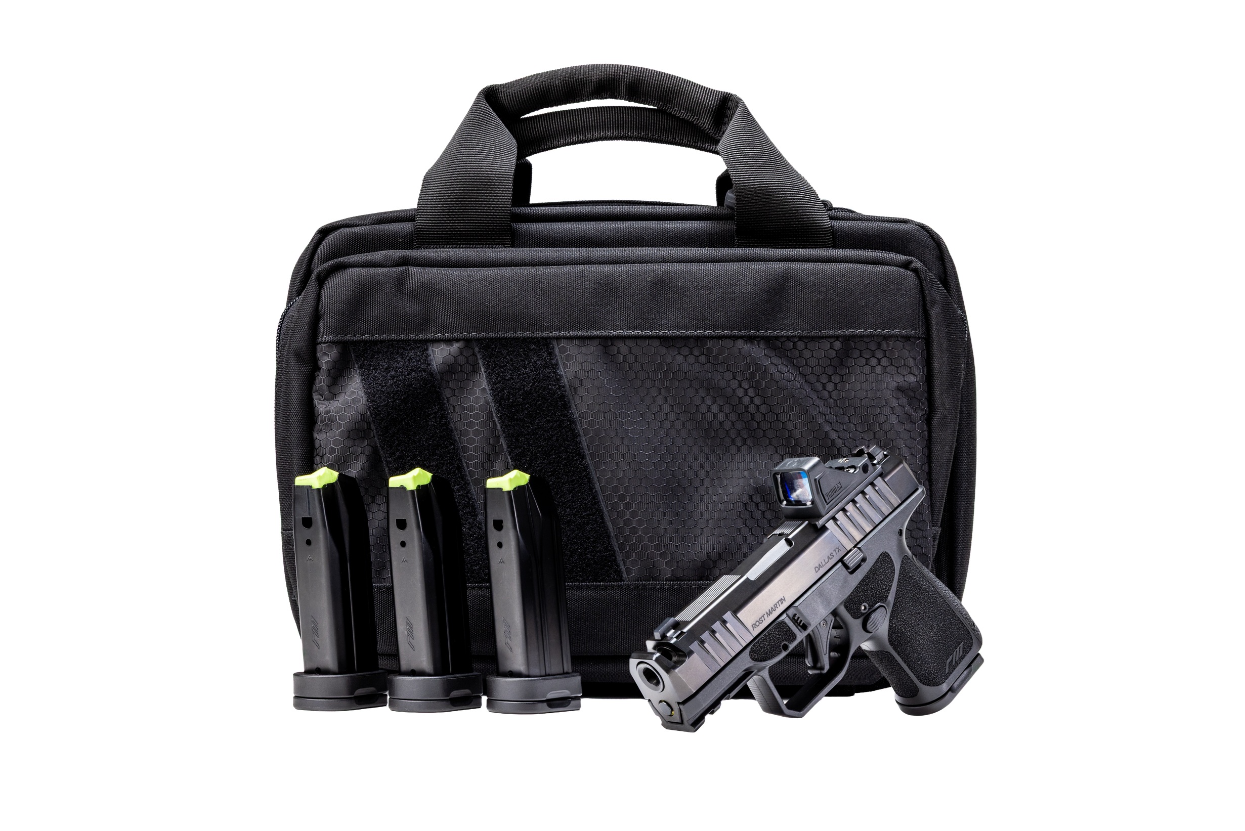 Rost Martin RM1S 9mm black compact pistol with integrated compensator and optic-ready serrated slide, California compliant bundle