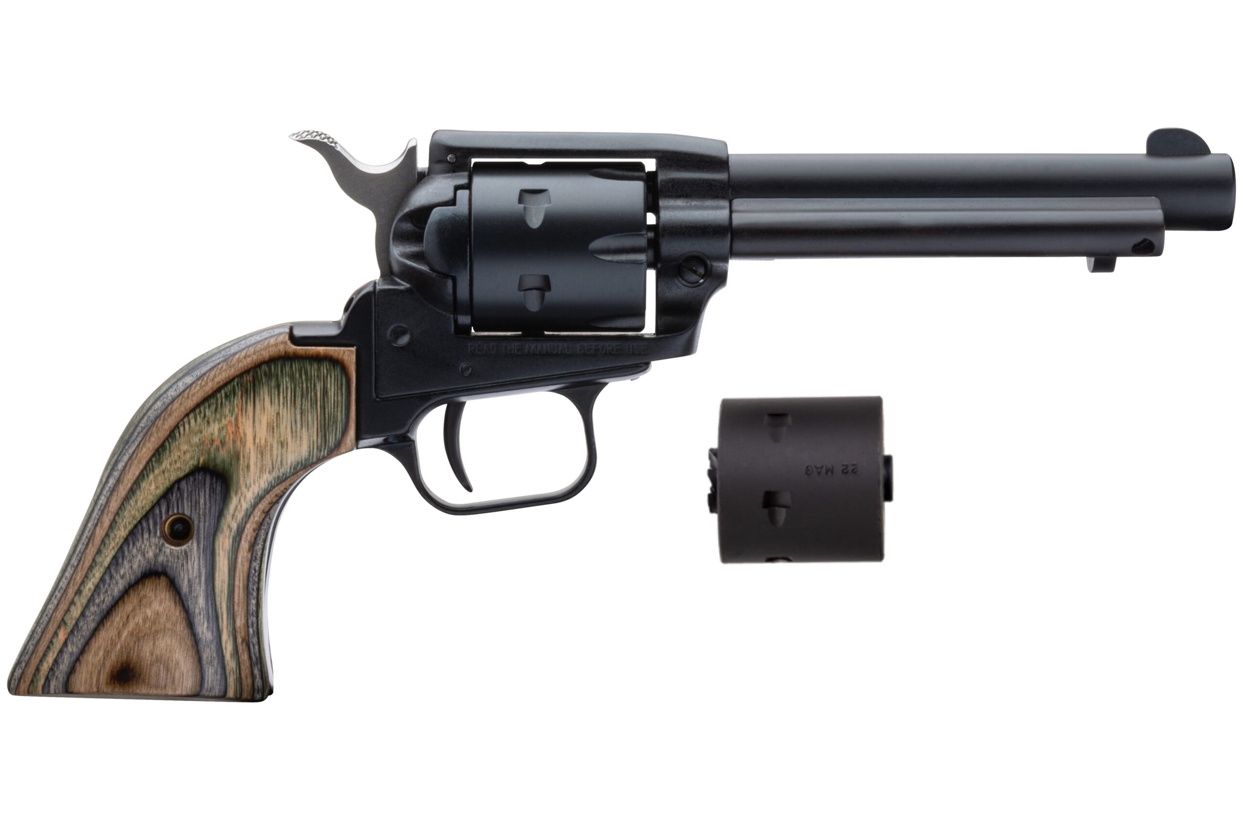 Heritage Manufacturing Rough Rider single-action revolver in .22 LR/.22 Mag with 4.75-inch black satin barrel and camo laminate grip panels
