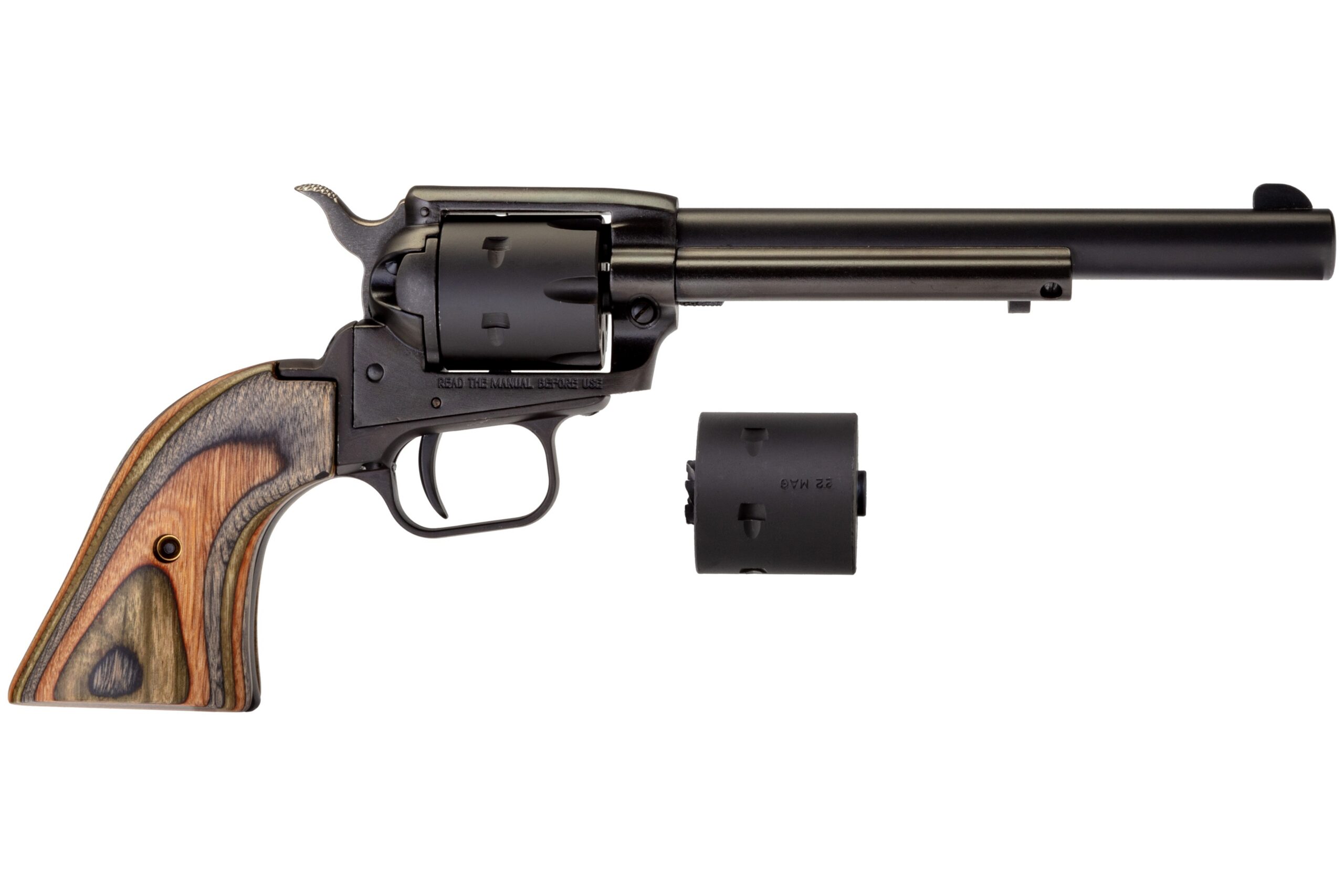 Heritage Manufacturing Rough Rider single-action revolver in .22 LR with 6.5-inch black satin barrel and camo laminate grips, right-side profile view