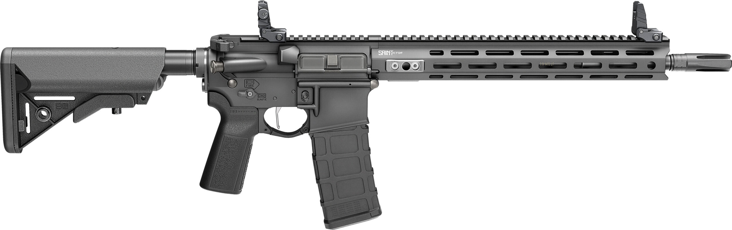 Springfield Armory SAINT Victor V2 semi-automatic AR rifle in black with 14-inch barrel and flip-up iron sights